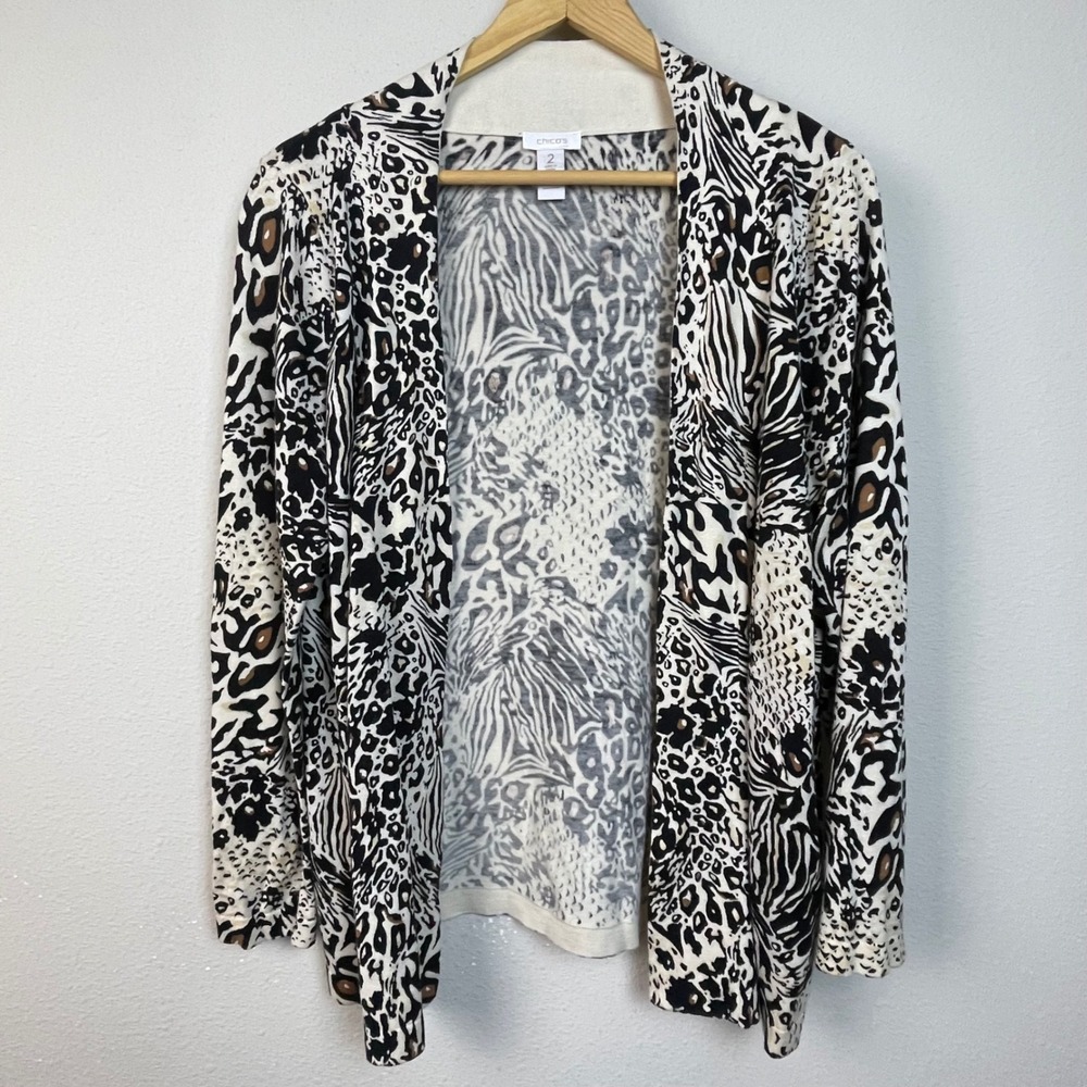 Chicos Women Size 2 Large Animal‎ Print Cardigan Sweater Long Sleeve Lightweight